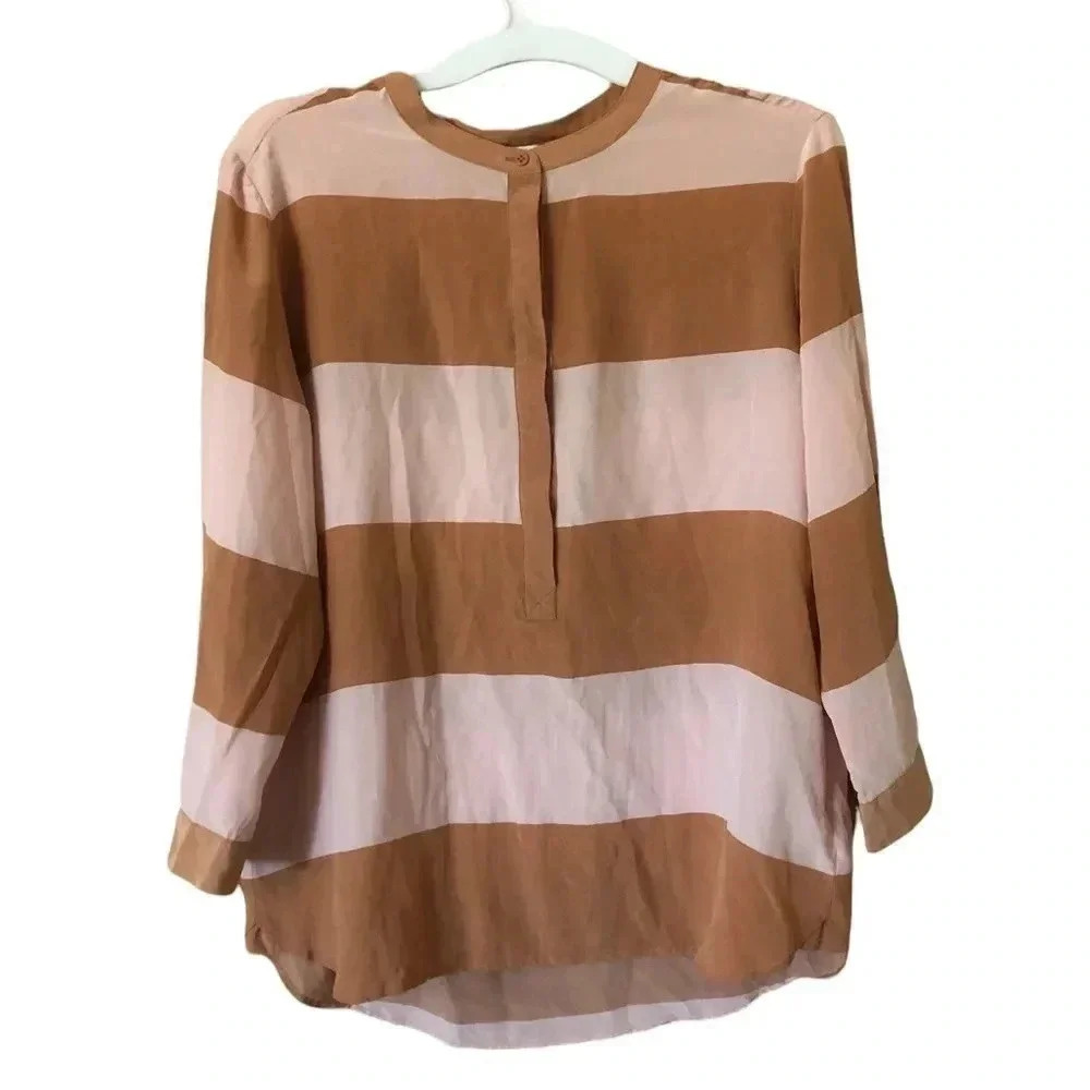 Fossil neutral striped Crew Neck silk  Blouse classic preppy timeless Old Money - Picture 2 of 15